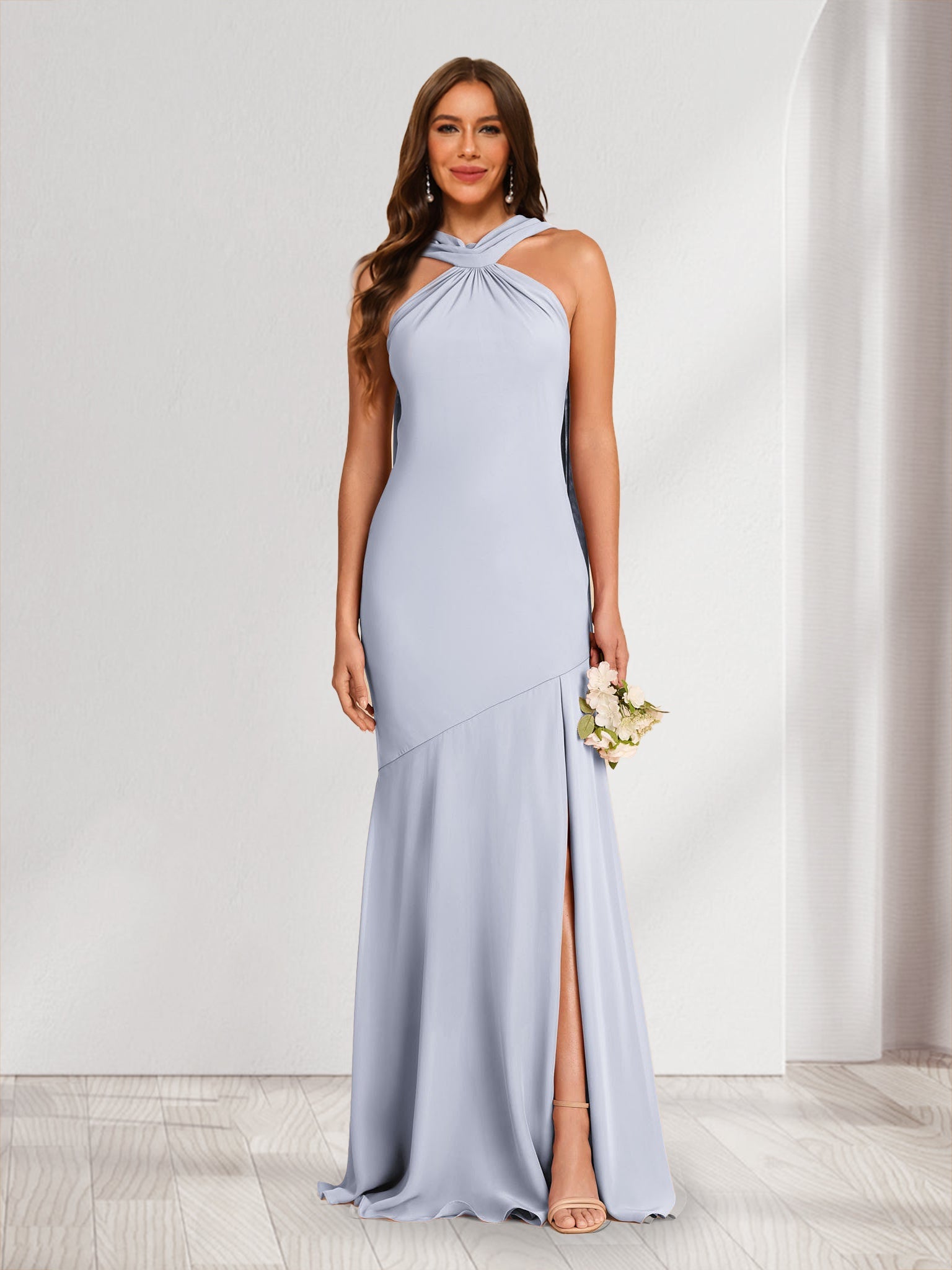 Robes de demoiselle d'honneur fourreau/colonne dos nu froncées avec fente latérale