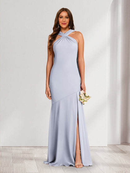 Robes de demoiselle d'honneur fourreau/colonne dos nu froncées avec fente latérale
