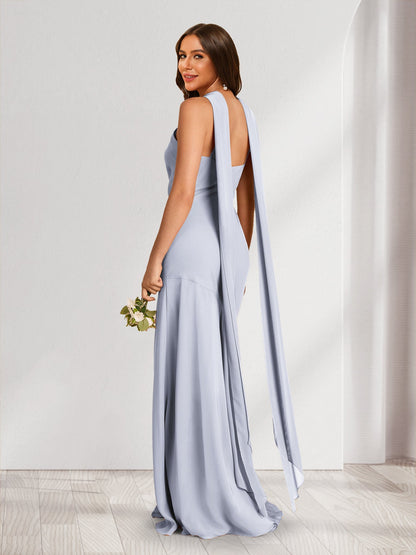 Robes de demoiselle d'honneur fourreau/colonne dos nu froncées avec fente latérale