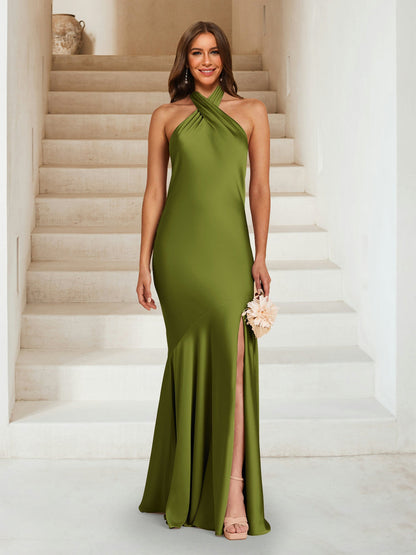 Robes de demoiselle d'honneur fourreau/colonne croisées froncées avec fente latérale