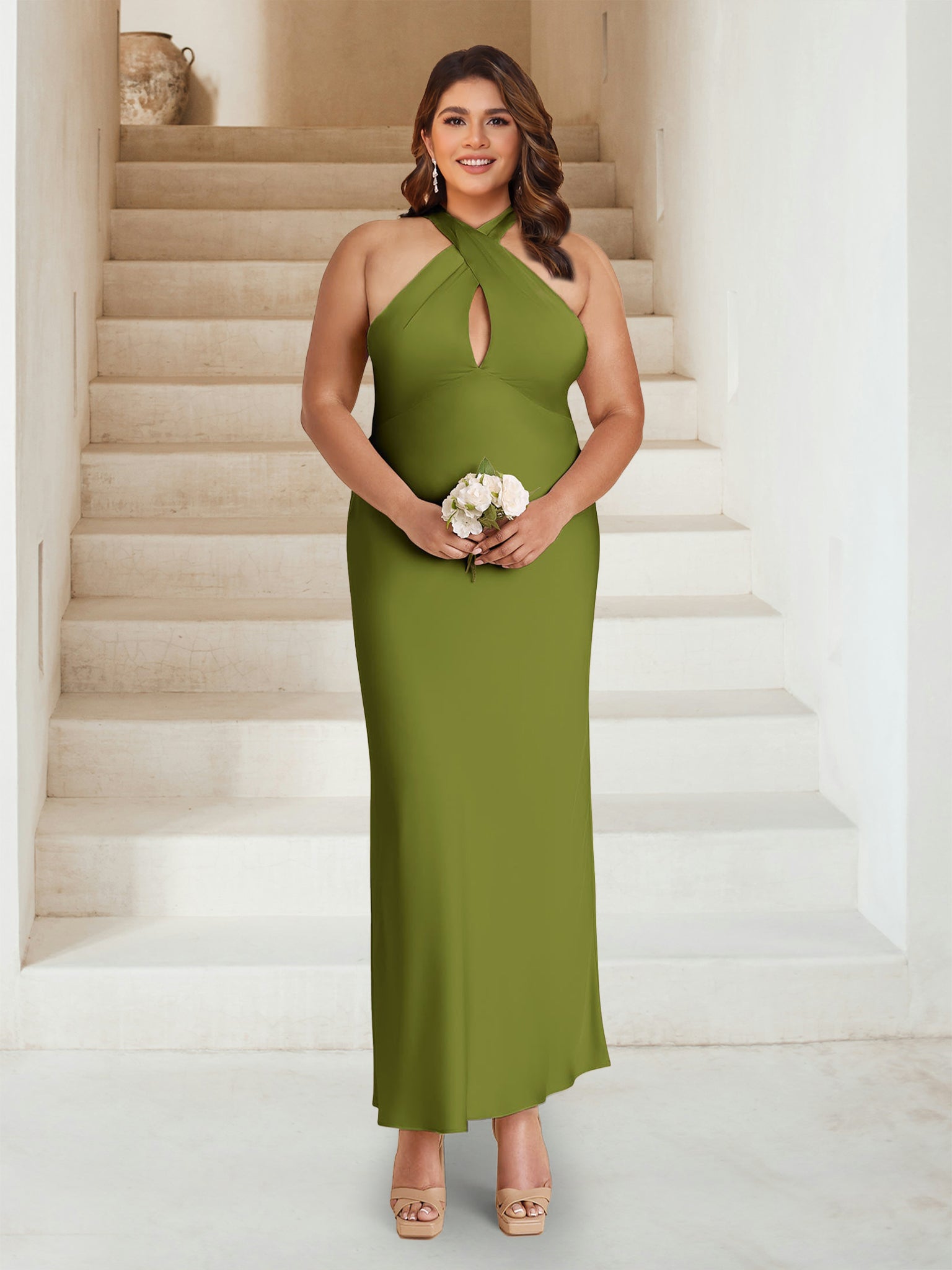 Robes de demoiselle d'honneur grande taille fourreau/colonne croisées froncées, longueur cheville