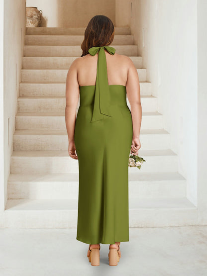 Robes de demoiselle d'honneur grande taille fourreau/colonne croisées froncées, longueur cheville