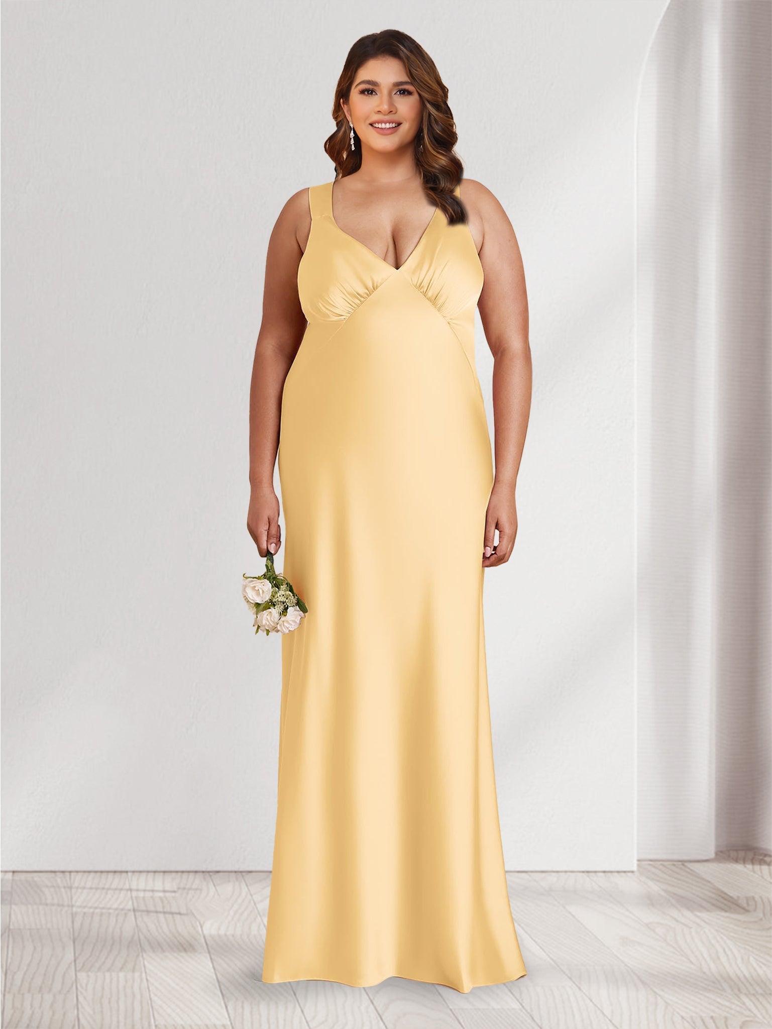 Robes de demoiselle d'honneur grande taille coupe A-line/Princesse à col en V sans manches, longueur ras du sol, froncées