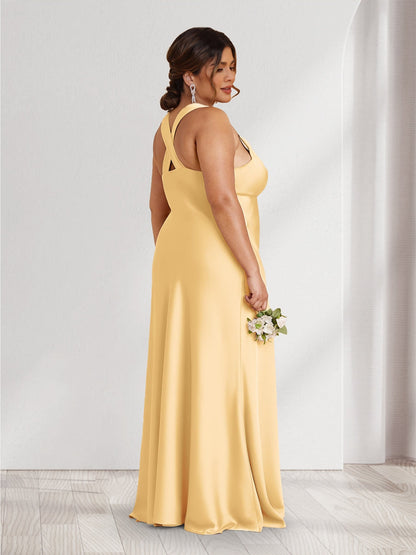 Robes de demoiselle d'honneur grande taille coupe A-line/Princesse à col en V sans manches, longueur ras du sol, froncées