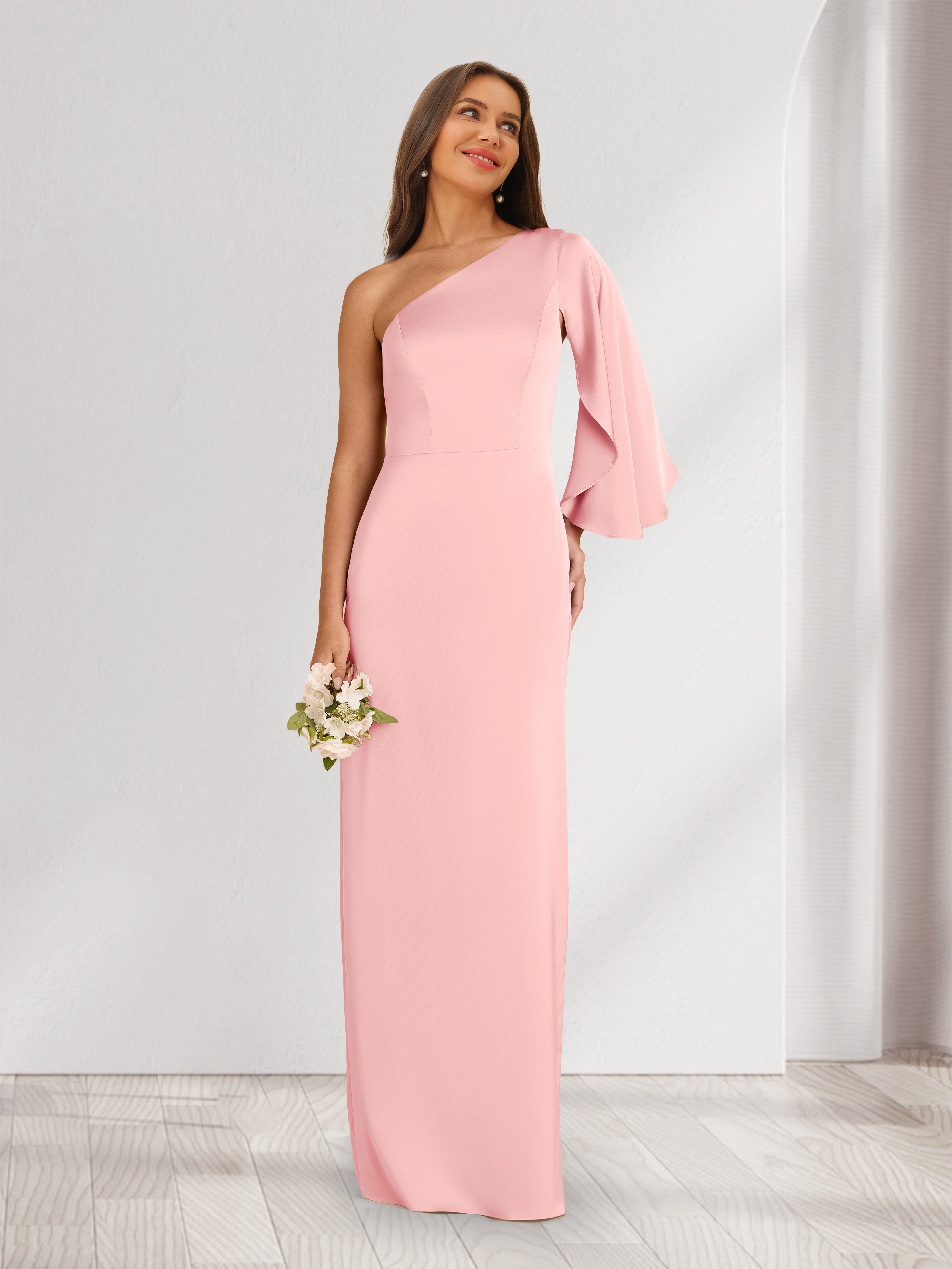 Robes de demoiselle d'honneur fourreau/colonne à une épaule, manches 3/4 avec fente latérale
