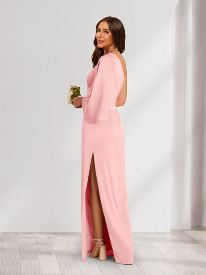 Robes de demoiselle d'honneur fourreau/colonne à une épaule, manches 3/4 avec fente latérale