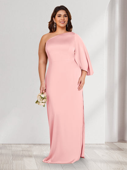 Robes de demoiselle d'honneur grande taille fourreau/colonne à une épaule, manches 3/4 avec fente latérale