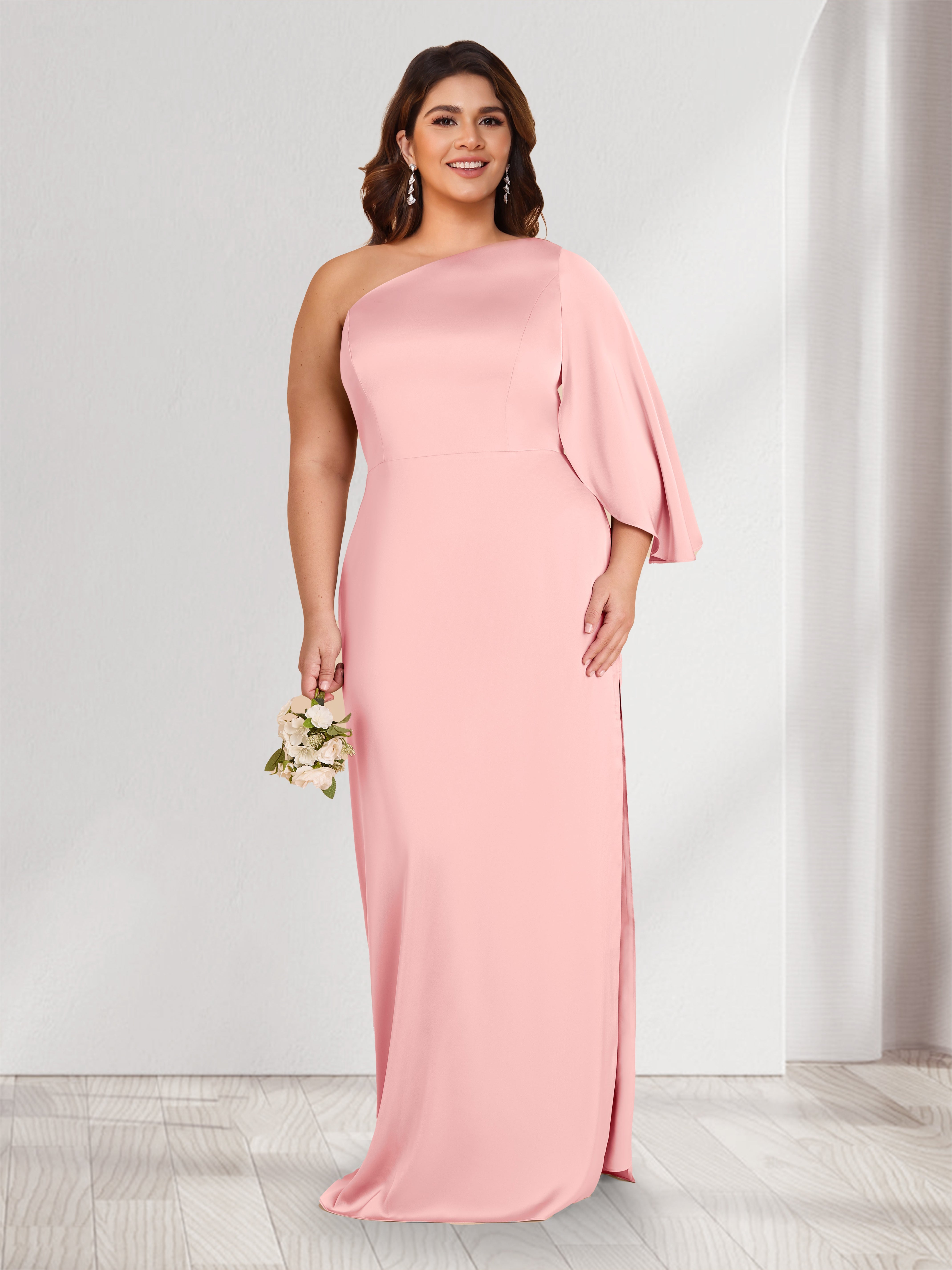 Robes de demoiselle d'honneur grande taille fourreau/colonne à une épaule, manches 3/4 avec fente latérale