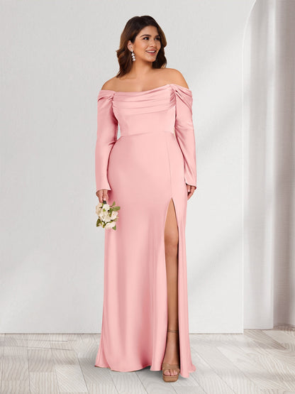 Robes de demoiselle d'honneur grande taille fourreau/colonne à épaules dénudées à manches longues froncées avec fente latérale
