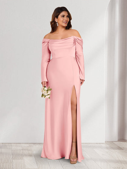 Robes de demoiselle d'honneur grande taille fourreau/colonne à épaules dénudées à manches longues froncées avec fente latérale