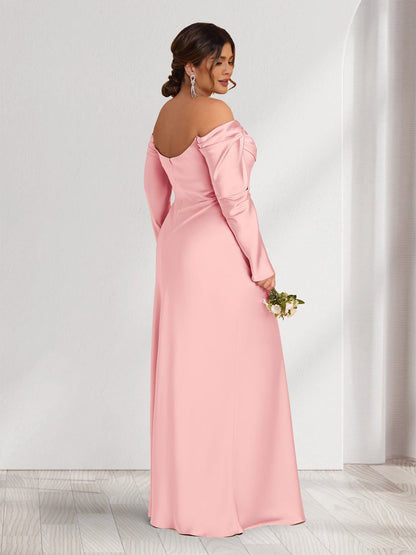 Robes de demoiselle d'honneur grande taille fourreau/colonne à épaules dénudées à manches longues froncées avec fente latérale