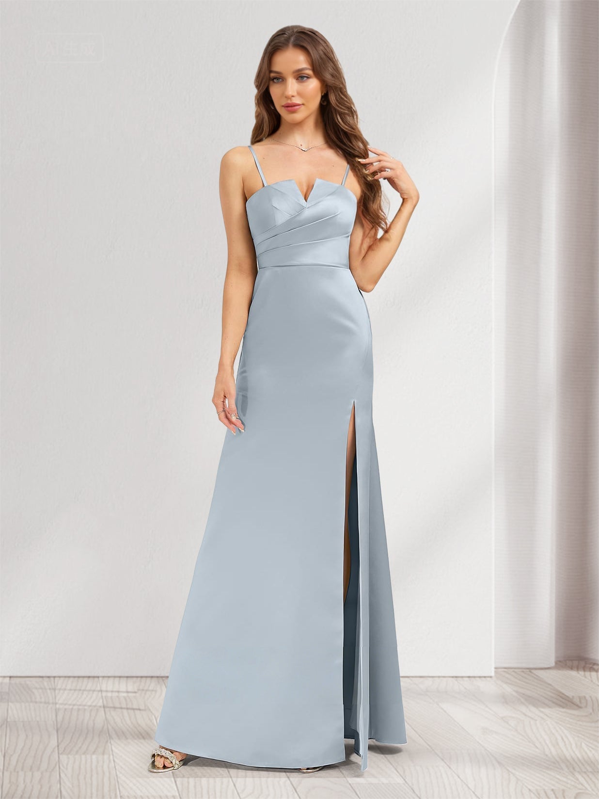 Robes de demoiselle d'honneur en satin trompette/sirène à col en V avec fente latérale