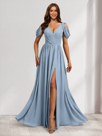 Robes de demoiselle d'honneur coupe trapèze à col en V froncées avec fente latérale