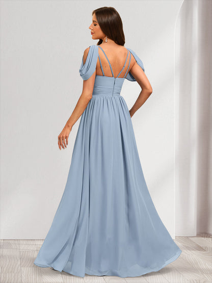 Robes de demoiselle d'honneur coupe trapèze à col en V froncées avec fente latérale
