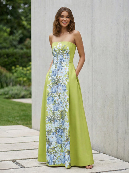Robes de bal trapèze/princesse sans bretelles, longueur au sol, ornées d'appliqués floraux