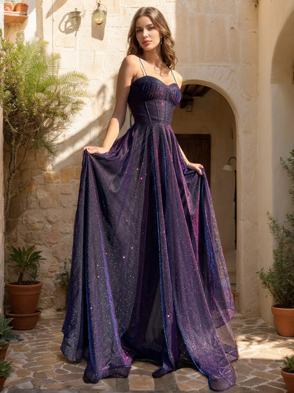 Robes de bal trapèze/princesse à fines bretelles, longueur au sol, sequins