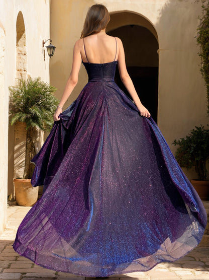Robes de bal trapèze/princesse à fines bretelles, longueur au sol, sequins