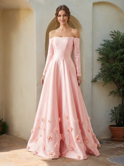 Robe de bal bustier à manches longues, coupe trapèze/princesse, ornée de fleurs 3D