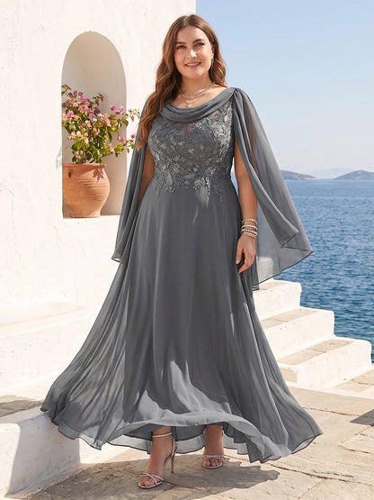 Robe de mère de la mariée grande taille, coupe trapèze/princesse, manches mi-longues, longue jusqu'au sol, ornée de dentelle et de fronces