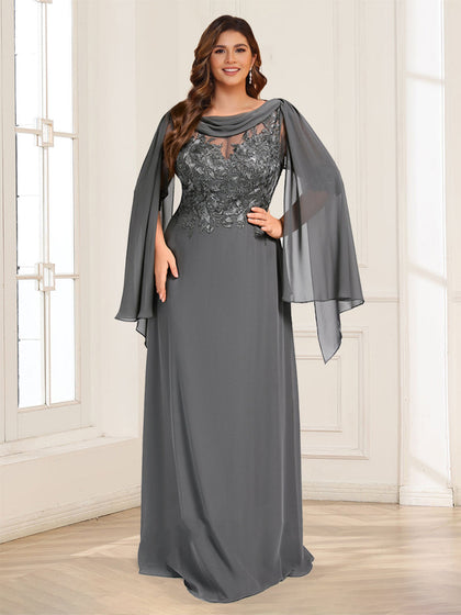 Robe de mère de la mariée grande taille, coupe trapèze/princesse, manches mi-longues, longue jusqu'au sol, ornée de dentelle et de fronces