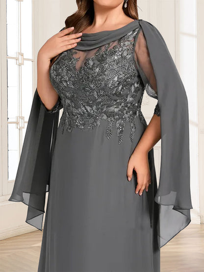 Robe de mère de la mariée grande taille, coupe trapèze/princesse, manches mi-longues, longue jusqu'au sol, ornée de dentelle et de fronces