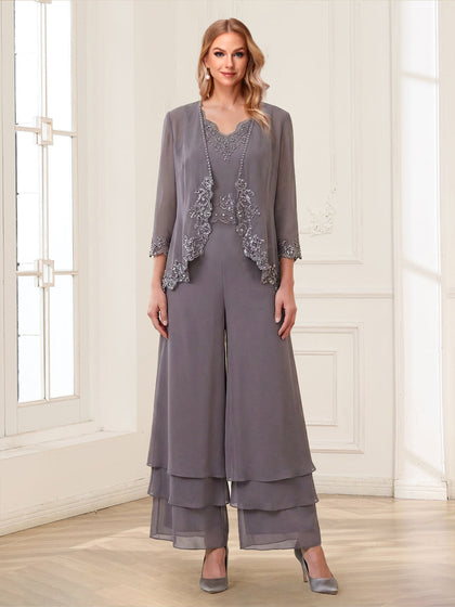 Combinaisons-pantalons deux pièces, col en V, manches 3/4, longueur cheville, ornées de dentelle, pour la mère de la mariée