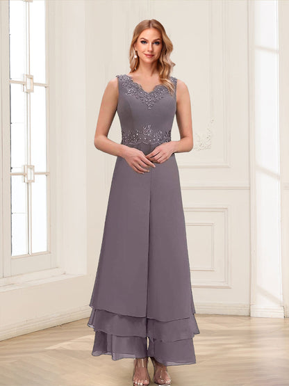 Combinaisons-pantalons deux pièces, col en V, manches 3/4, longueur cheville, ornées de dentelle, pour la mère de la mariée