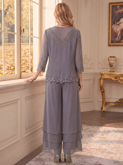 Combinaison de mère de la mariée grande taille en mousseline, col en V, manches 3/4, longueur cheville, avec dentelle