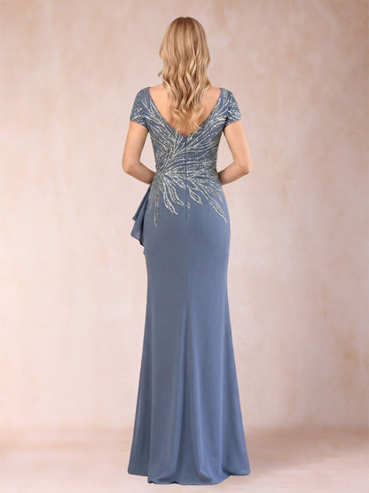 Robes de mère de la mariée, coupe fourreau/colonne, col en V, manches courtes, longueur sol, ornées de paillettes et d'une fente latérale