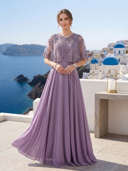 Robe de mère de la mariée deux pièces, coupe trapèze/princesse, sans manches, longueur au sol, ornée de dentelle et d'une veste