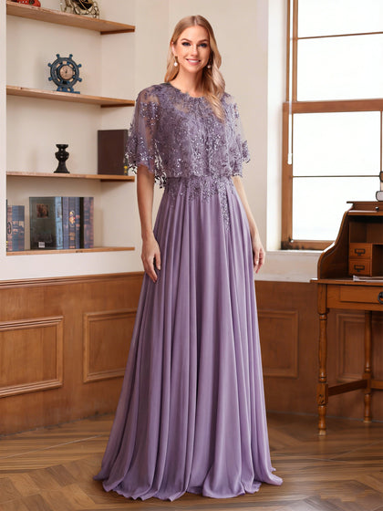 Robe de mère de la mariée deux pièces, coupe trapèze/princesse, sans manches, longueur au sol, ornée de dentelle et d'une veste