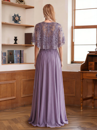 Robe de mère de la mariée deux pièces, coupe trapèze/princesse, sans manches, longueur au sol, ornée de dentelle et d'une veste
