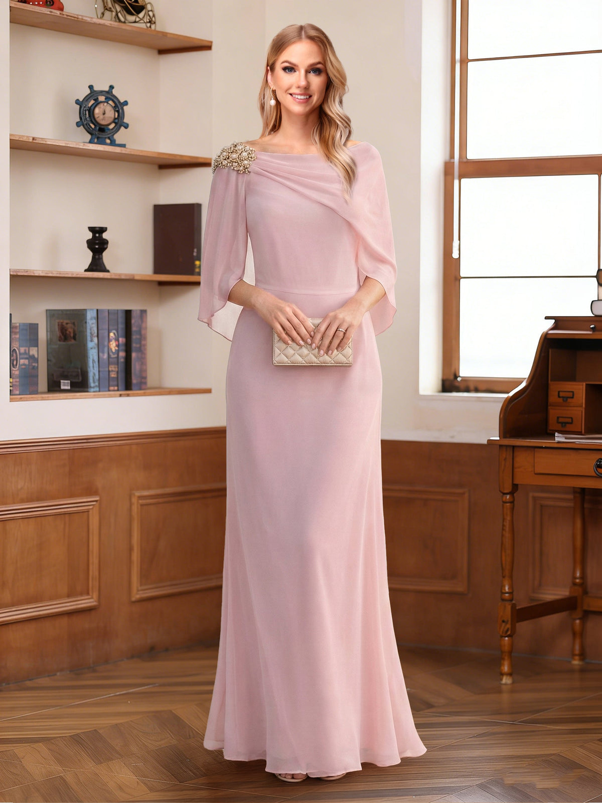 Robe mère de la mariée fourreau/colonne, manches mi-longues, longue jusqu'au sol, ornée de strass