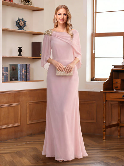 Robe mère de la mariée fourreau/colonne, manches mi-longues, longue jusqu'au sol, ornée de strass