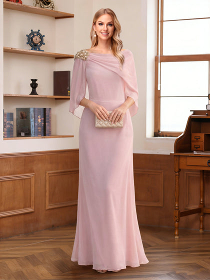 Robe mère de la mariée fourreau/colonne, manches mi-longues, longue jusqu'au sol, ornée de strass