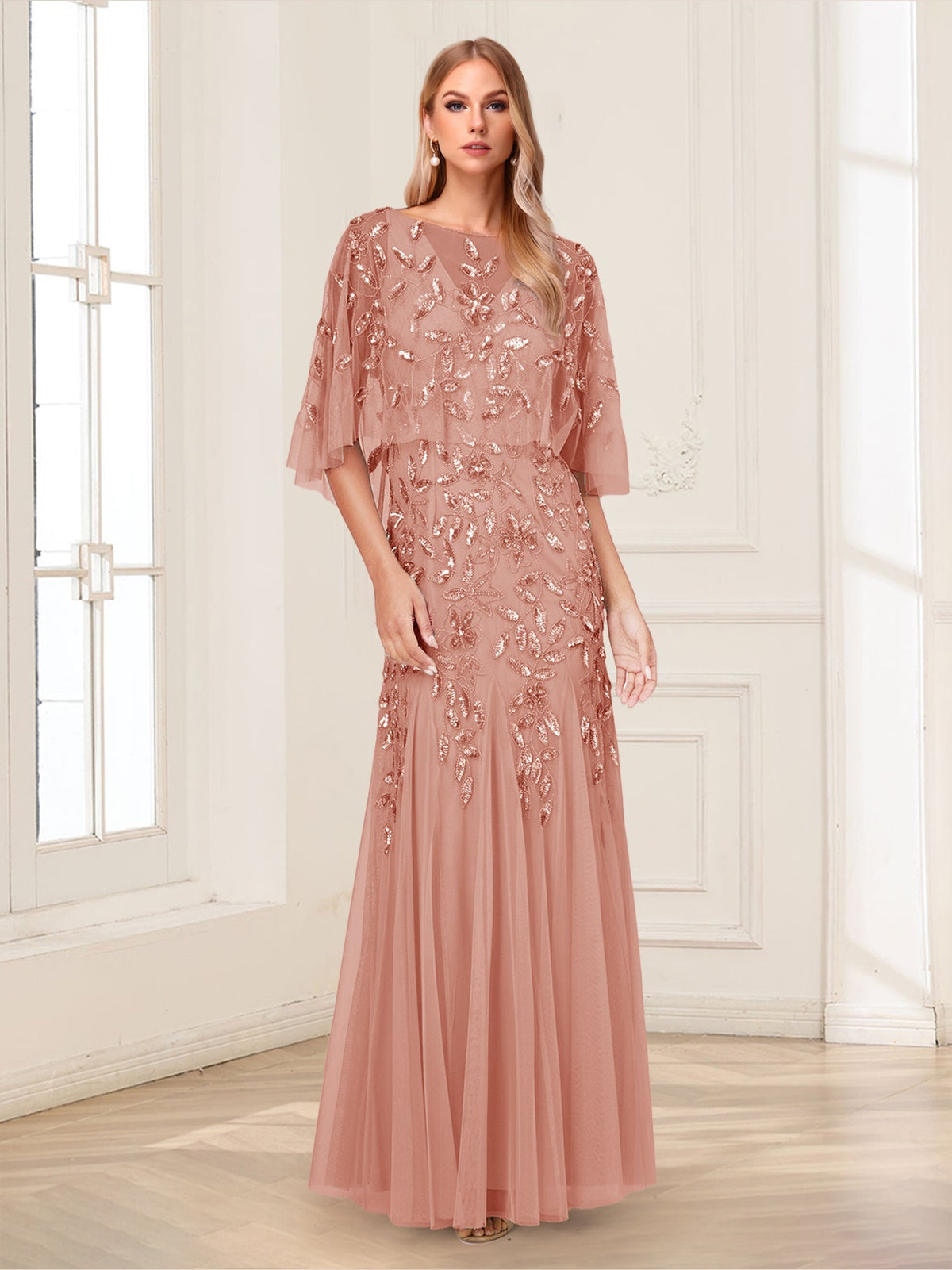 Robe de mère de la mariée, coupe trapèze/princesse, manches mi-longues, longue jusqu'au sol, ornée de perles et de paillettes