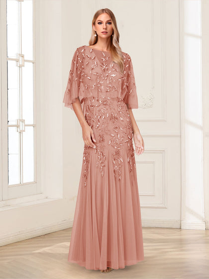 Robe de mère de la mariée, coupe trapèze/princesse, manches mi-longues, longue jusqu'au sol, ornée de perles et de paillettes