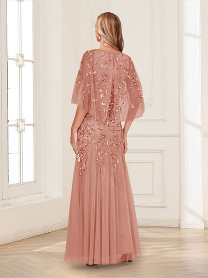 Robe de mère de la mariée, coupe trapèze/princesse, manches mi-longues, longue jusqu'au sol, ornée de perles et de paillettes