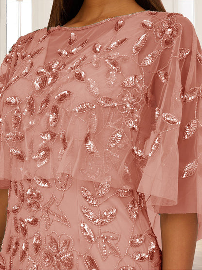 Robe de mère de la mariée, coupe trapèze/princesse, manches mi-longues, longue jusqu'au sol, ornée de perles et de paillettes