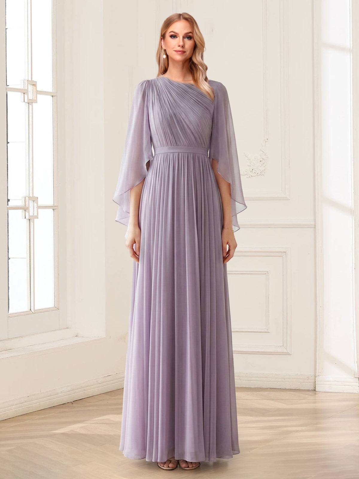 Robe mère de la mariée, coupe trapèze/princesse, manches mi-longues, longueur au sol, ornée de volants