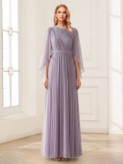 Robe mère de la mariée, coupe trapèze/princesse, manches mi-longues, longueur au sol, ornée de volants