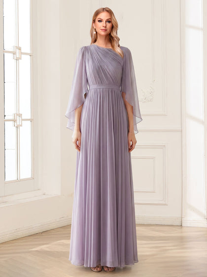 Robe mère de la mariée, coupe trapèze/princesse, manches mi-longues, longueur au sol, ornée de volants