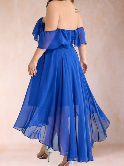 Robe mère de la mariée, coupe trapèze/princesse, col carré, manches courtes, longueur cheville, ornée de volants