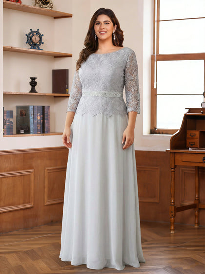 Robes de mère de la mariée trapèze/princesse à manches 3/4 et décolleté rond, longueur au sol, avec dentelle et applications