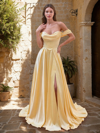 Robes de bal trapèze/princesse, épaules dénudées, manches courtes, taille basque, fente latérale