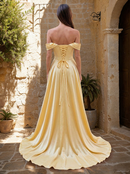 Robes de bal trapèze/princesse, épaules dénudées, manches courtes, taille basque, fente latérale