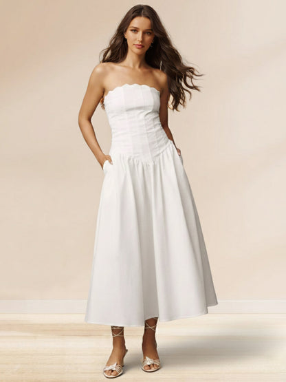 Robes de bal trapèze/princesse sans bretelles, taille basque, avec poche