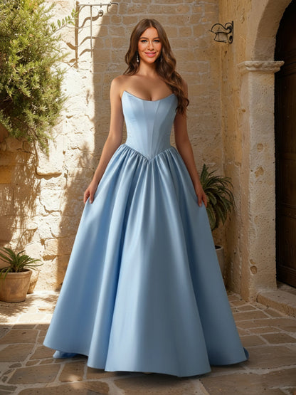 Robes de bal trapèze/princesse sans bretelles, taille basque, avec fronces et poche