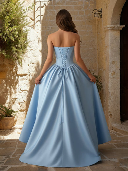 Robes de bal trapèze/princesse sans bretelles, taille basque, avec fronces et poche