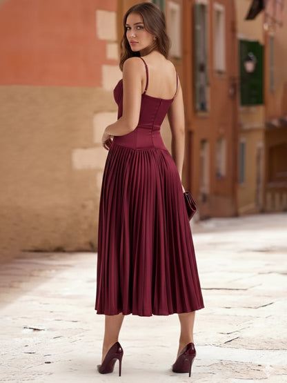 Robes de bal trapèze/princesse à fines bretelles, longueur thé, sans manches, plissées